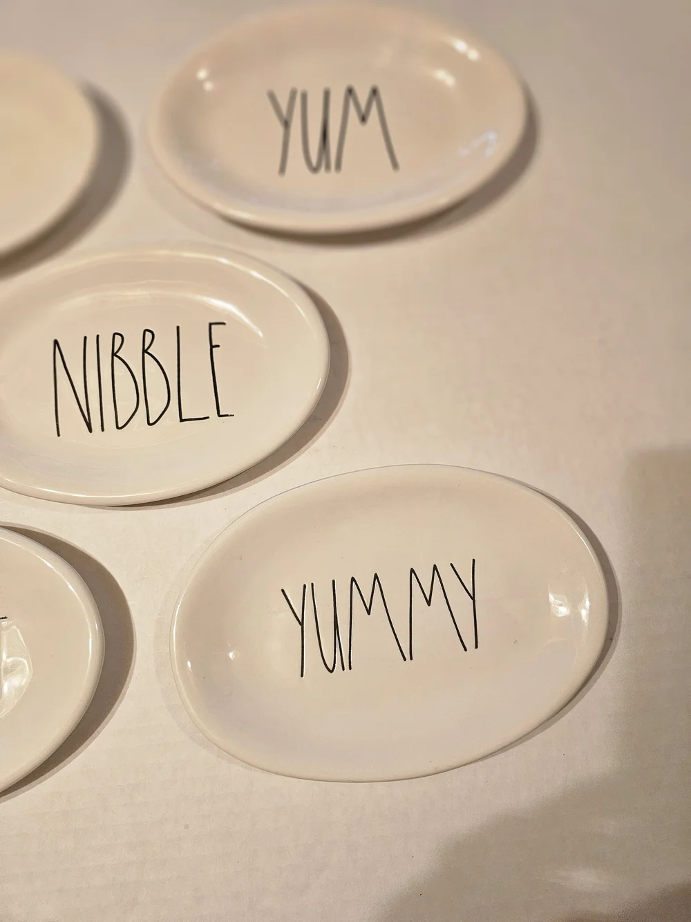 Rae Dunn White Oval Snack Plates with Black Lettering - Set of 5